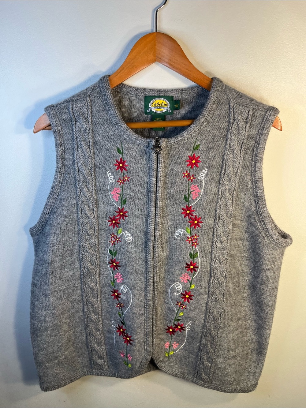 Cabela's Gray Wool Zip-Front Embroidered Floral Vest Women’s Large